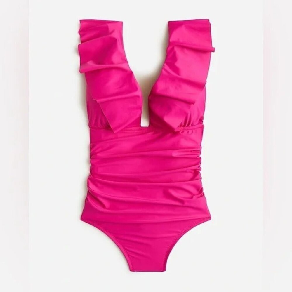 J‎ Crew Womens Size 12 Ruched Ruffle One-Piece Swimsuit Radiant Fuchsia $118 277